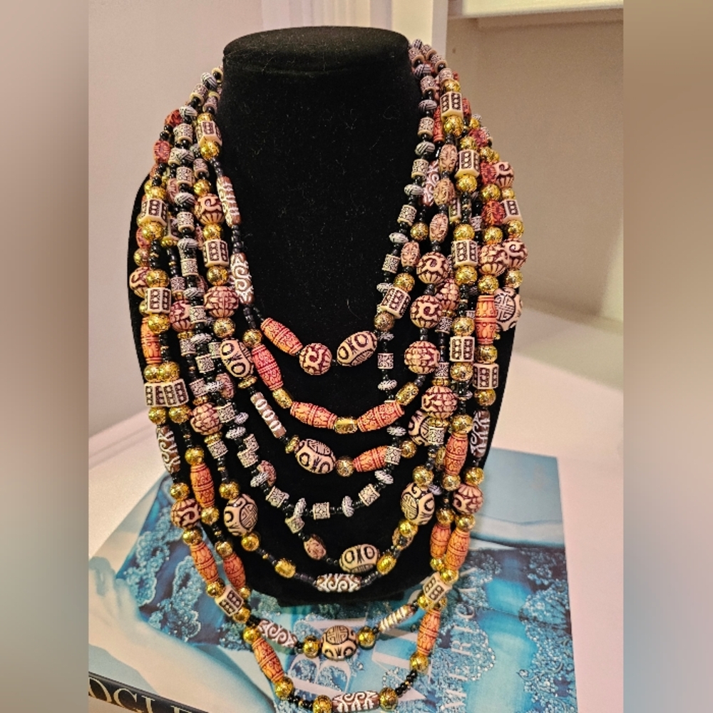 Sassy Jones Tribal Beaded Necklace in Black, White, and Gold